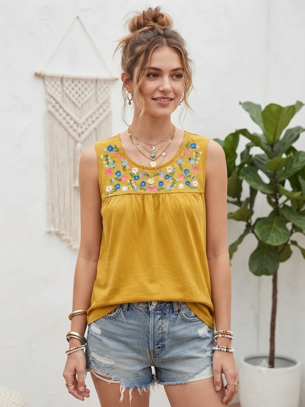 J. Crew Mustard Embroidered Floral Sleeveless Tank